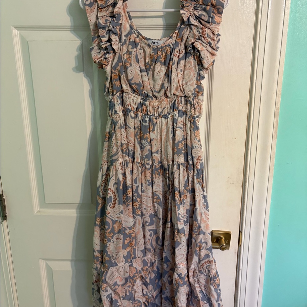 Fate Paisley Midi Dress in Blue and Cream with Ruffle Sleeves